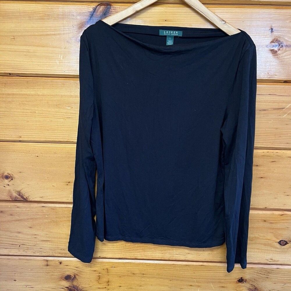 Lauren Ralph Lauren Stretchy Soft Blouse Womens L Black Long Sleeve Boat Neck